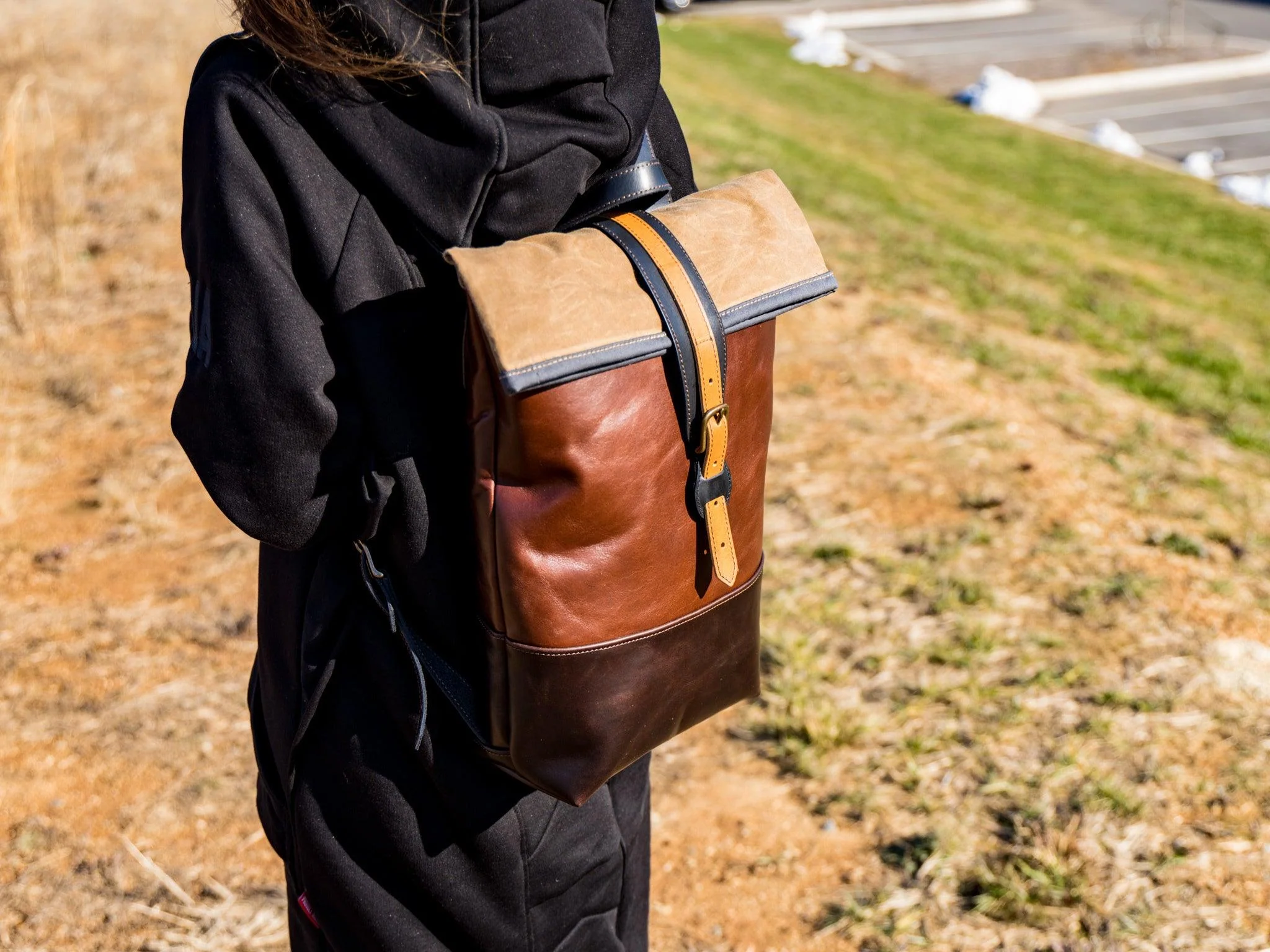 Leather Small Rolltop Backpack - Brown - Image 2