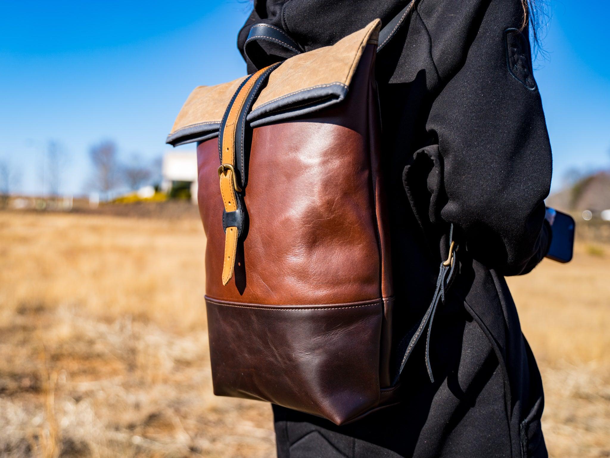 Leather Small Rolltop Backpack - Brown - Image 3