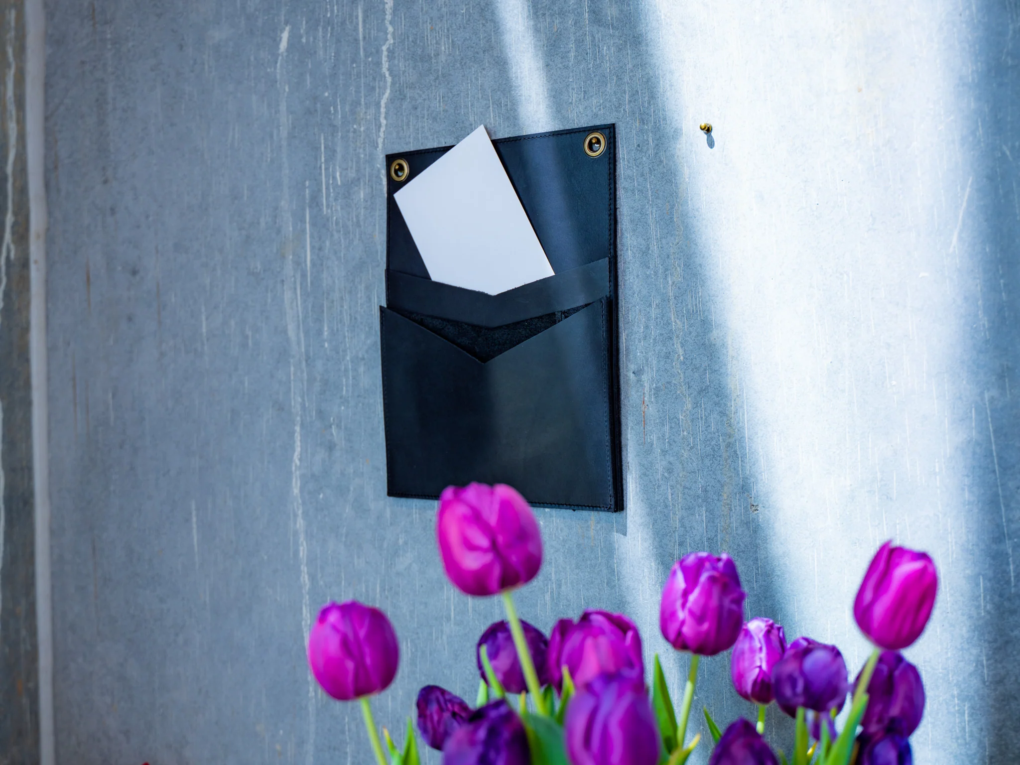 Leather Vertical Mail Box with 2 Pockets - Black