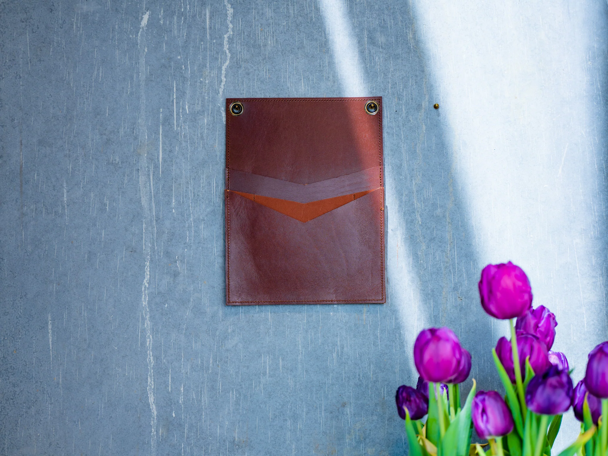 Leather Vertical Mail Box with 2 Pockets - Chestnut - Image 2