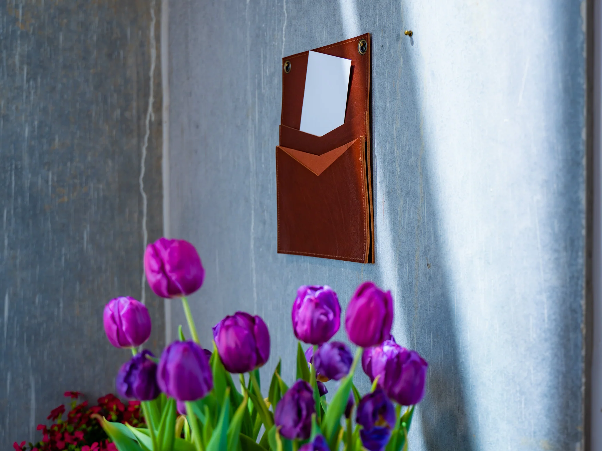 Leather Vertical Mail Box with 2 Pockets - Chestnut - Image 3