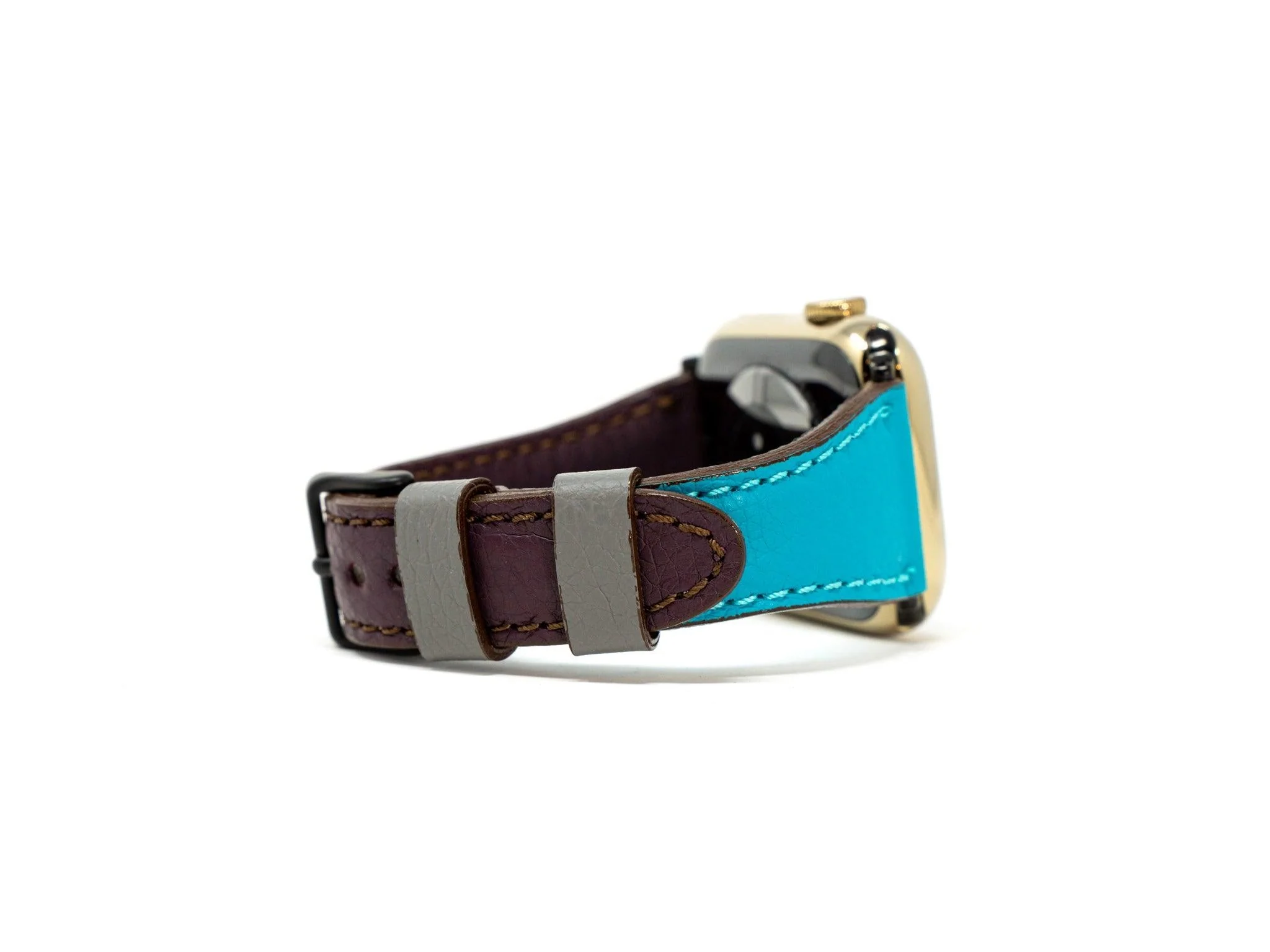 Petite Single Italian Leather Apple Watch Band - Plum and Turquoise - Image 2
