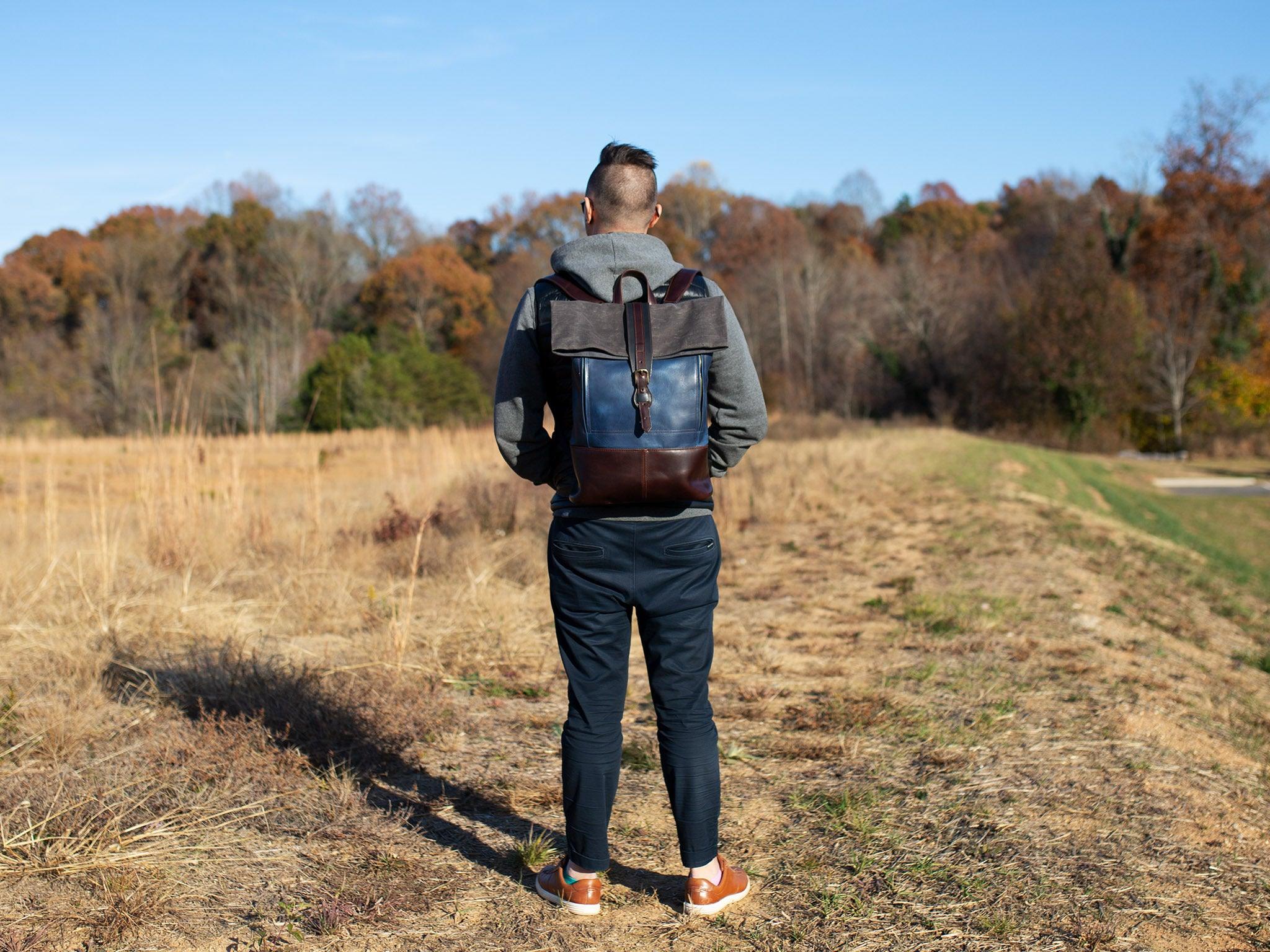 Rolltop Backpack Navy/Chestnut - Image 3