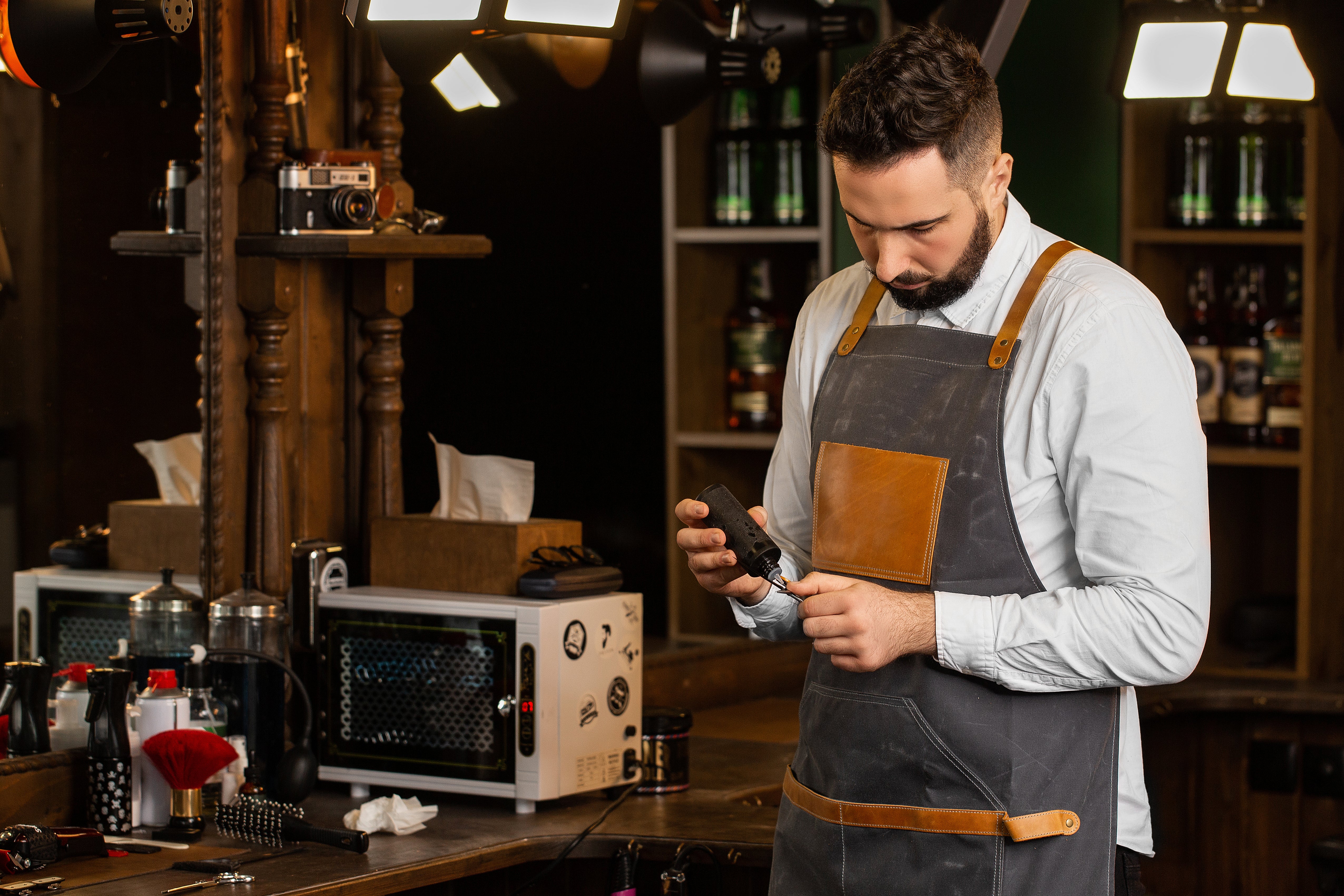 Waxed Canvas and Leather Apron - Grey - Image 10