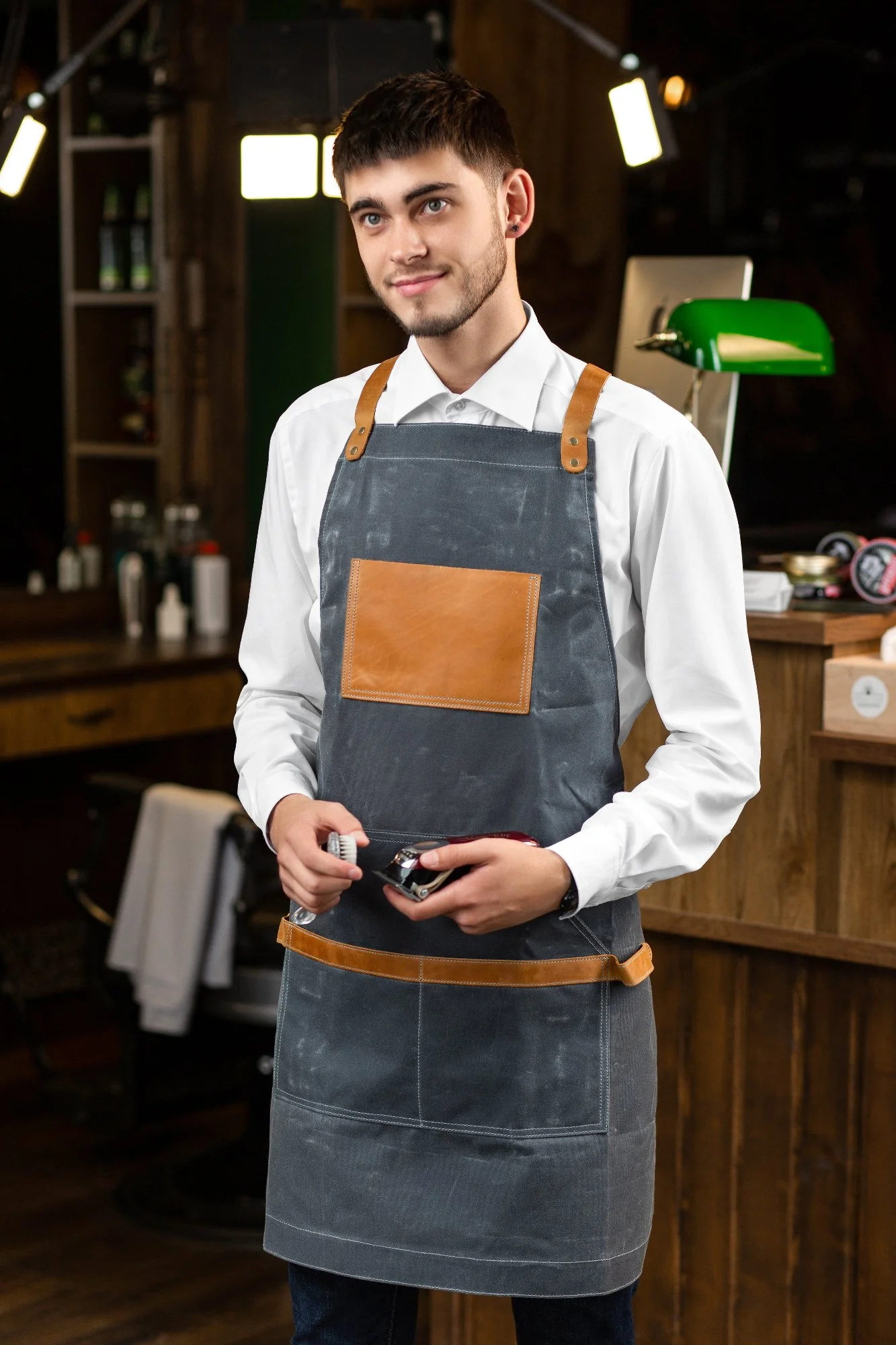 Waxed Canvas and Leather Apron - Grey - Image 3