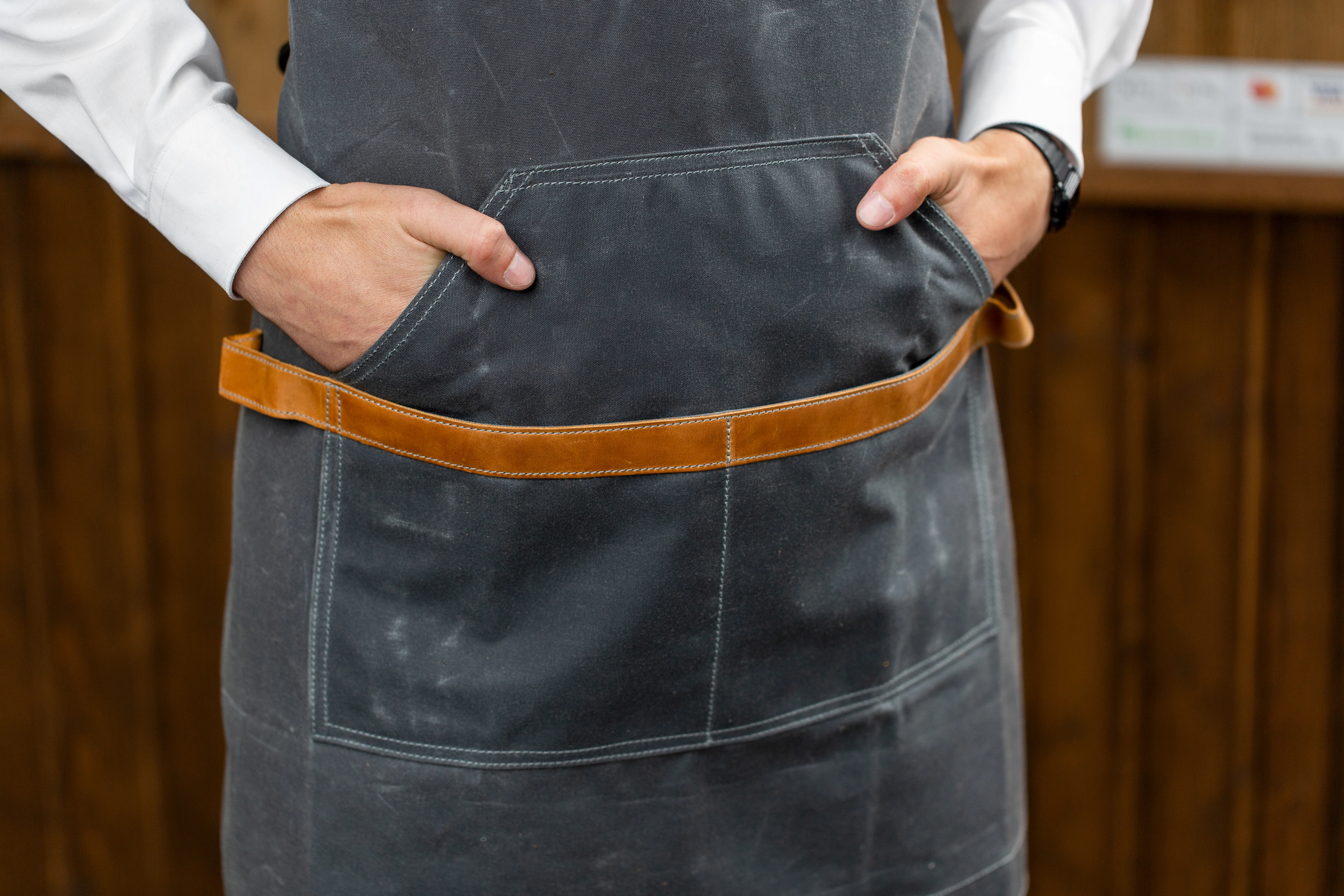 Waxed Canvas and Leather Apron - Grey - Image 4