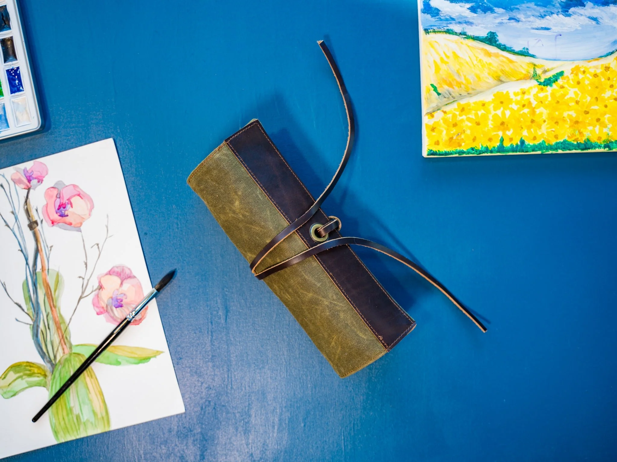 Waxed Canvas and Leather Art Roll - Green - Image 2